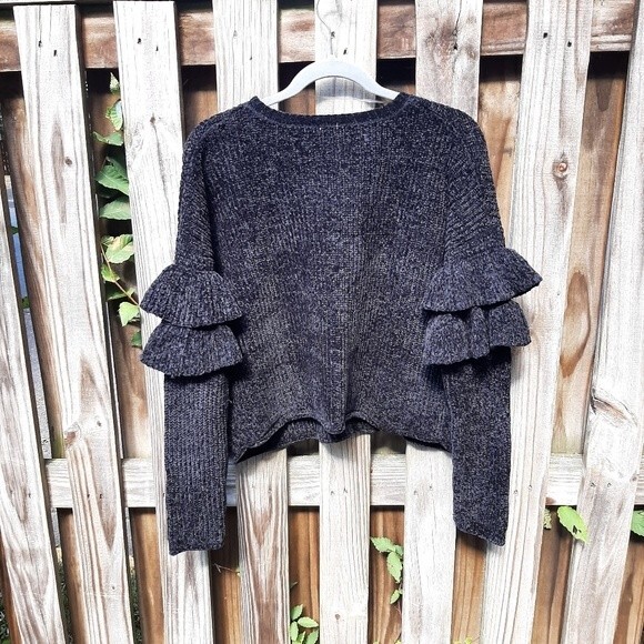 Apt 9 Floral Sweater Black Chenille Ruffles Sleeves Flowers Embroidered Size L - Picture 4 of 13